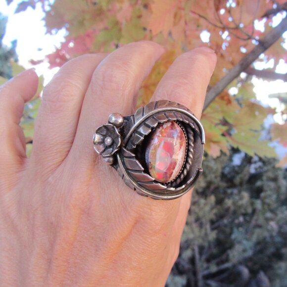 Rare High Horse Silver Exquisite Custom Huge Flashy Mexican Fire Opal Ring .925 - Picture 9 of 14